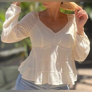 Peach Love California Ivory Long Sleeve Boho Blouse with Smocked Back Detail - M